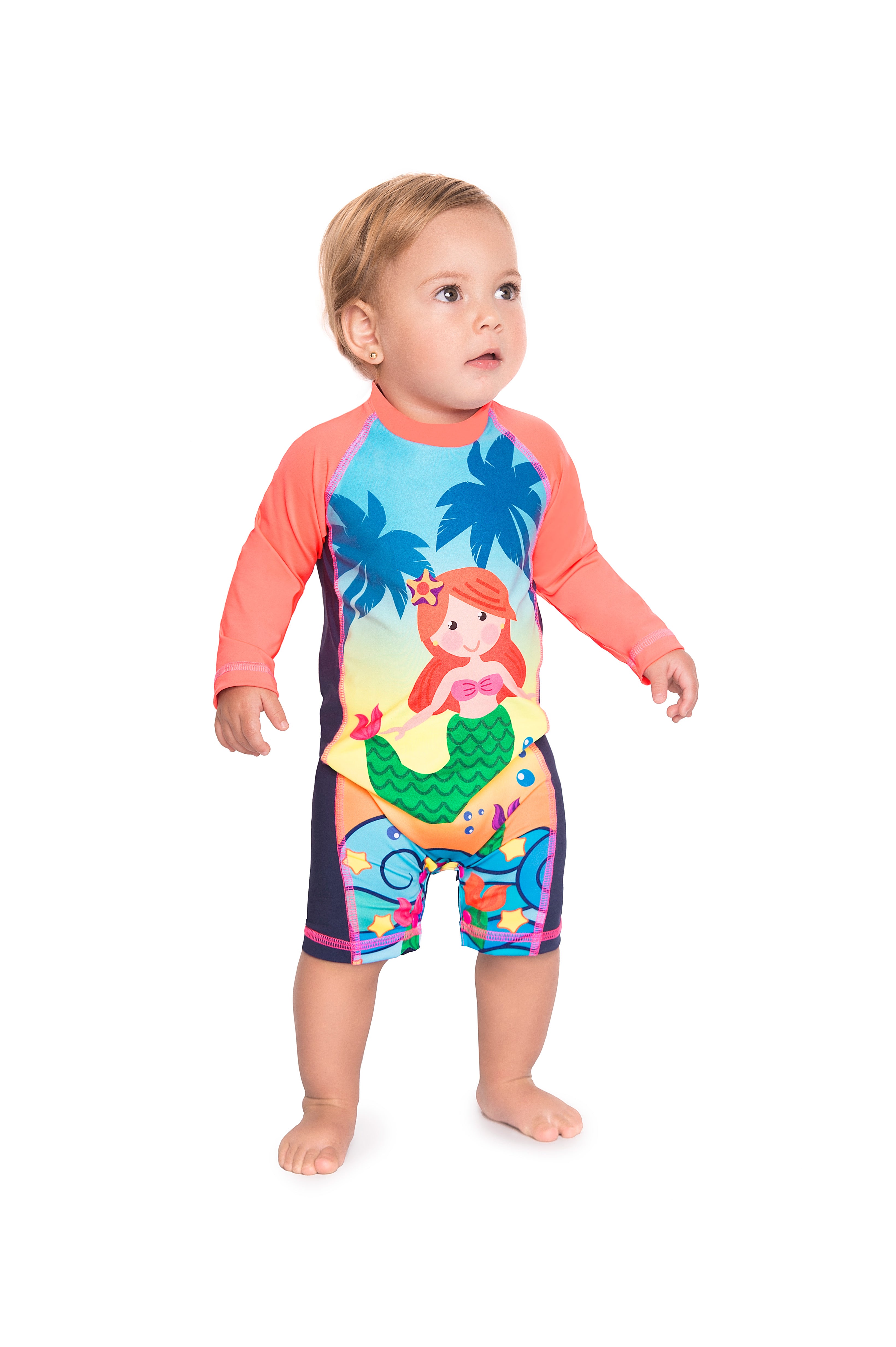 Vestido de baño enterizo manga larga para bebé estampado sirena / Ref 408