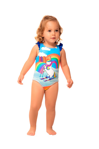 Vestido de Baño de bebé niña, Manga Larga Unicornio con Protección UV /  Ref 411