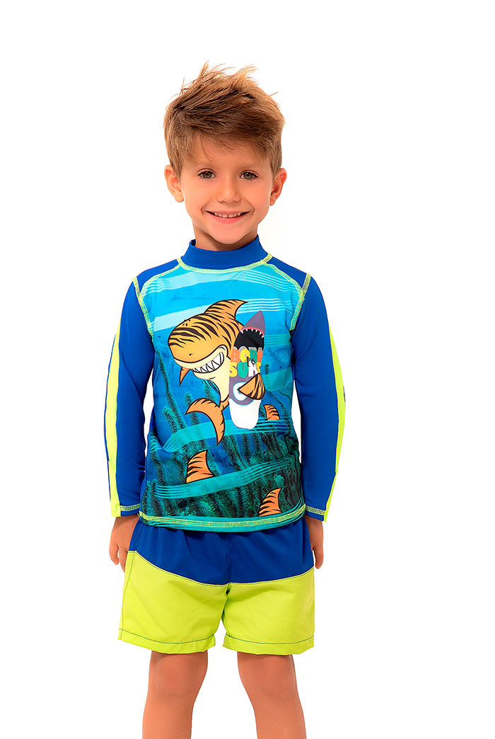Vestido de baño dos piezas para niño con estampado de aventuras marinas / Ref 516