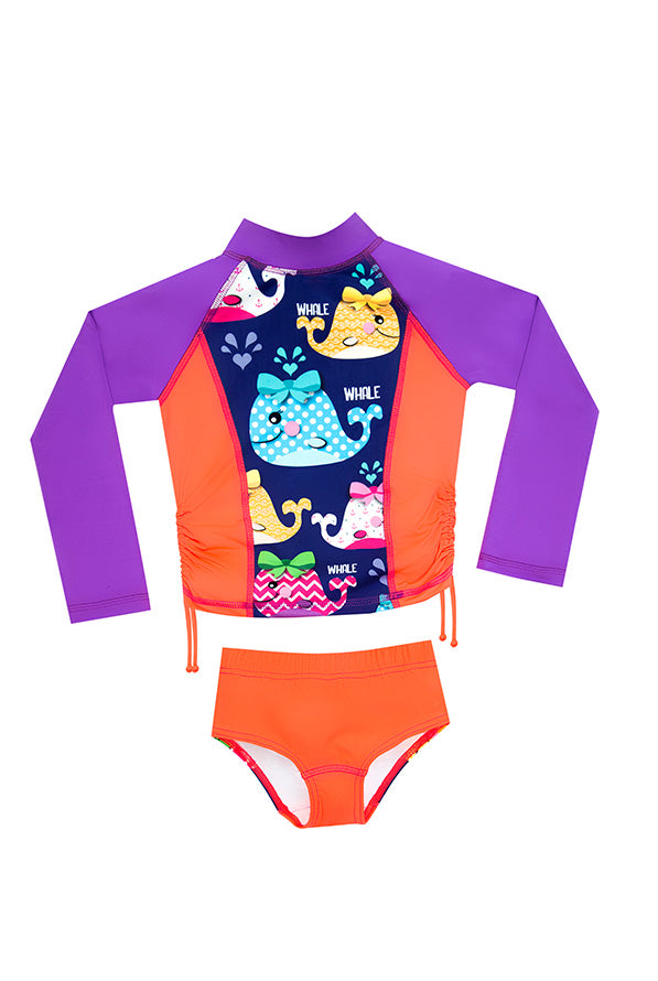 Vestido de baño dos piezas manga larga para niña con estampados marinos / Ref 600