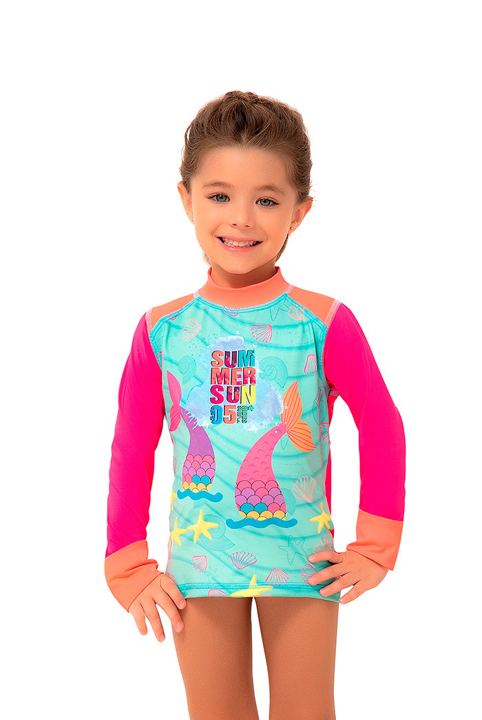 Vestido de baño dos piezas manga larga para niña con estampado criaturas marinas / Ref 615