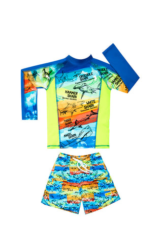 Vestido de baño dos piezas manga larga para niño con detalle azul y estampado shark zone / Ref 712
