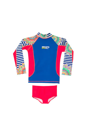 Vestido de baño dos piezas color lila con estampado de rayas para niña / Ref 815