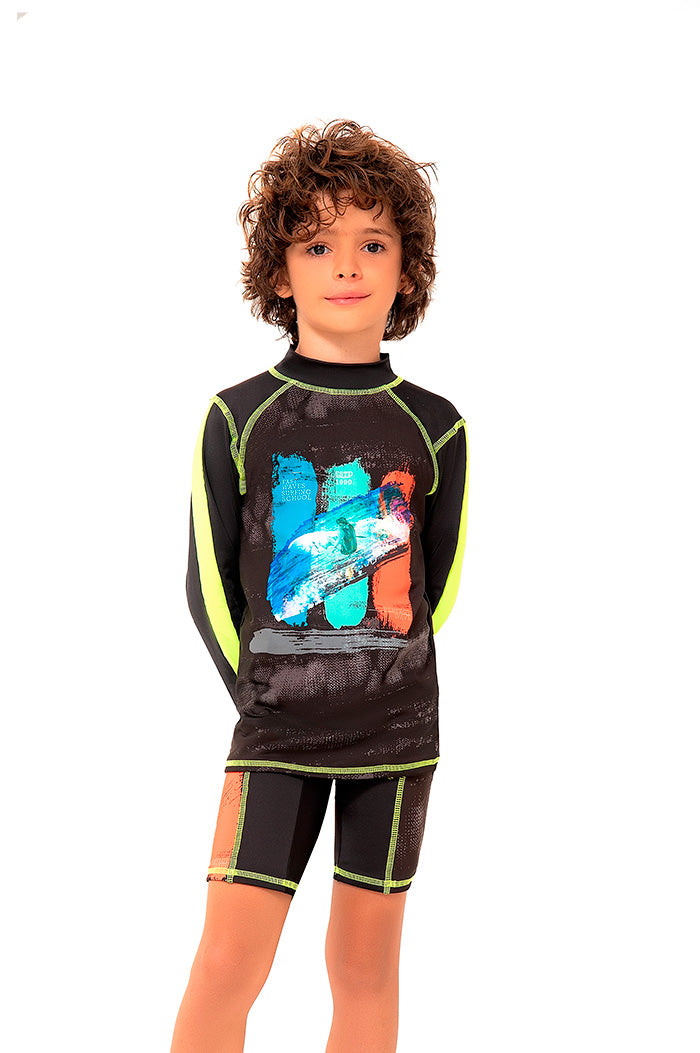 Vestido de baño dos piezas manga larga, para niño, con estampado arte de surfista / Ref 719