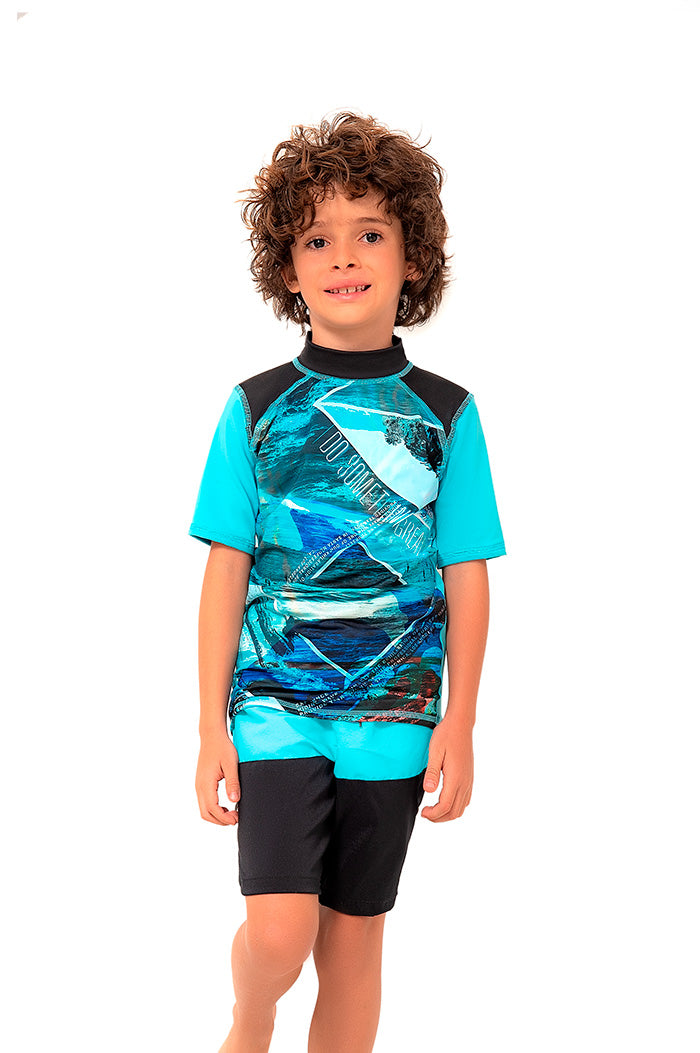 Vestido de baño dos piezas para niño manga cortas con estampado ecos del océano / Ref 722