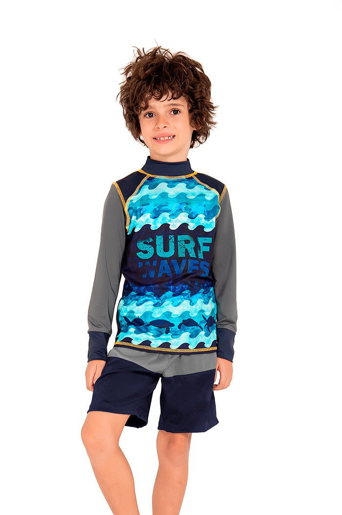 Vestido de baño dos piezas manga larga para niño con estampado surf waves / Ref 724