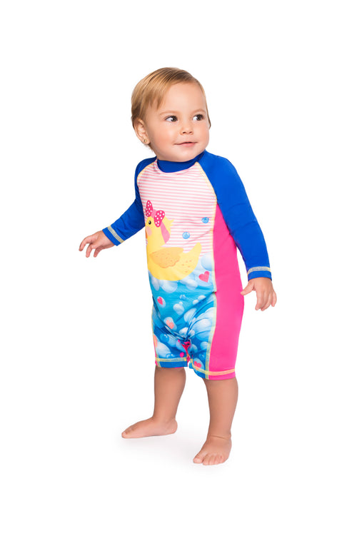 Vestido de baño enterizo manga larga para bebé multicolor con estampado pato nadador / Ref 407