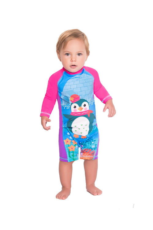 Vestido de baño enterizo manga larga para bebé estampado pinguino marino / Ref 409