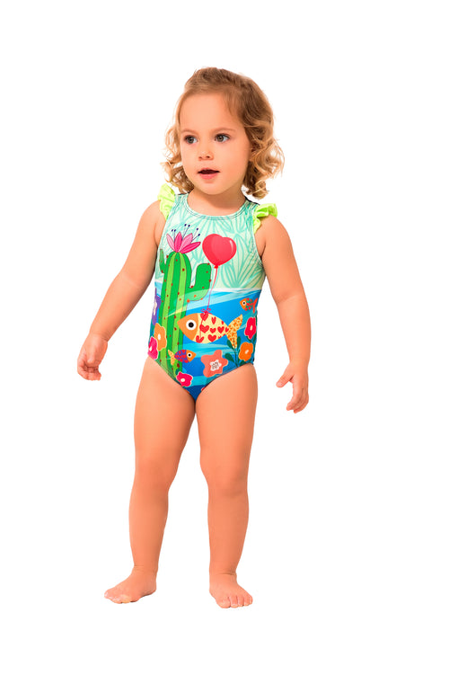 Vestido de baño enterizo para bebé multicolor con estampado cactus marino  / Ref 415