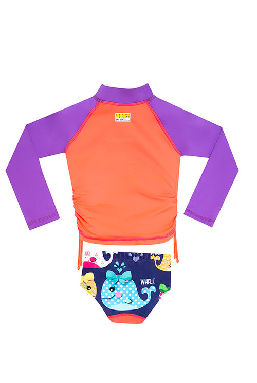 Vestido de baño dos piezas manga larga para niña con estampados marinos / Ref 600