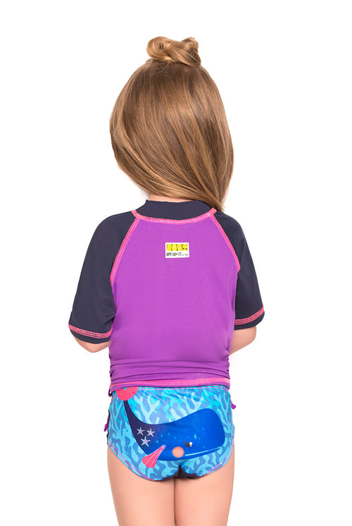 Vestido de baño dos piezas manga corta para niña con estampado aventura acuática / Ref 609