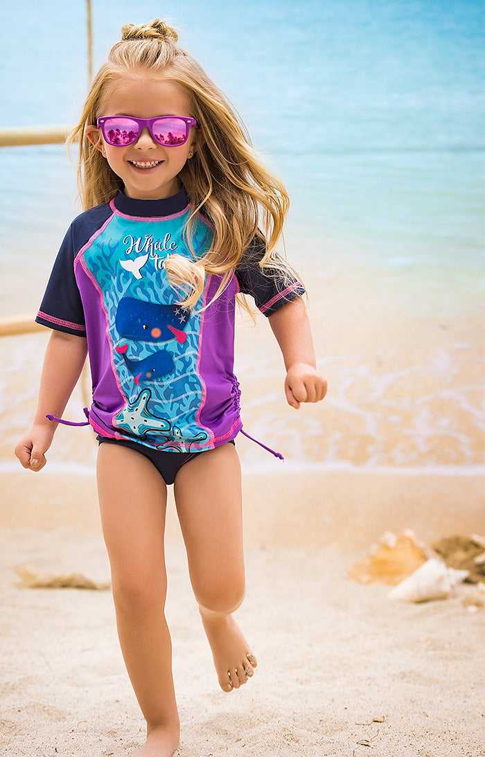 Vestido de baño dos piezas manga corta para niña con estampado aventura acuática / Ref 609