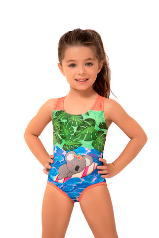 Vestido de baño dos piezas manga corta para niña con estampado aventura acuática / Ref 609