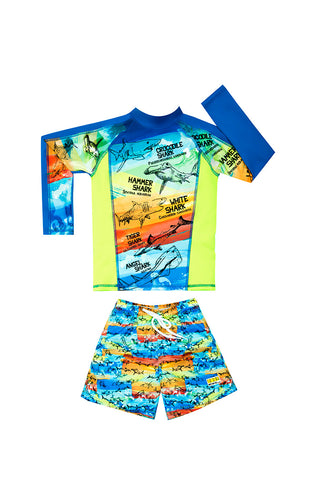 Vestido de baño playero dos piezas manga corta, para niño, con estampado rayas / Ref 708