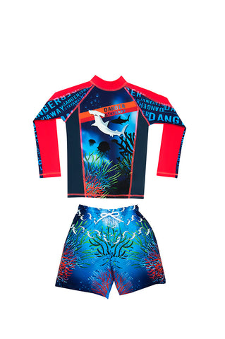 Vestido de baño dos piezas manga larga para niño con estampado surf waves / Ref 724