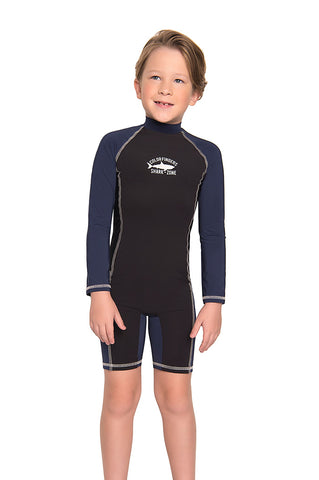 Vestido de baño dos piezas manga larga para niño con detalle azul y estampado shark zone / Ref 712