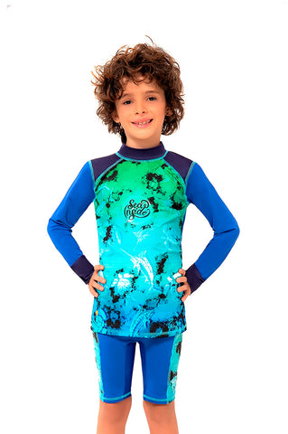 Vestido de baño playero dos piezas manga corta, para niño, con estampado rayas / Ref 708