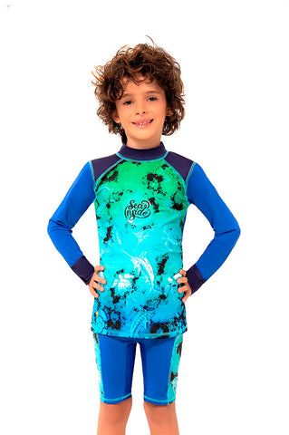 Vestido de baño dos piezas manga larga para niño con detalle azul y estampado shark zone / Ref 712