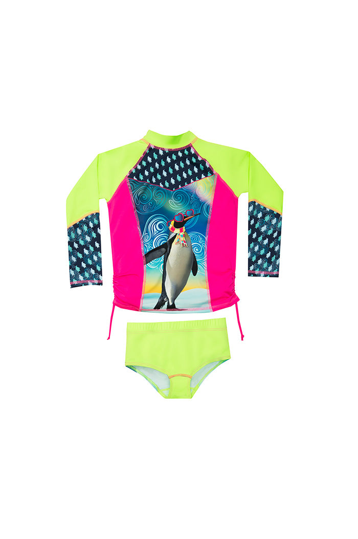 Vestido de baño dos piezas manga larga, para niño con estampado de pingüino playero / Ref 801
