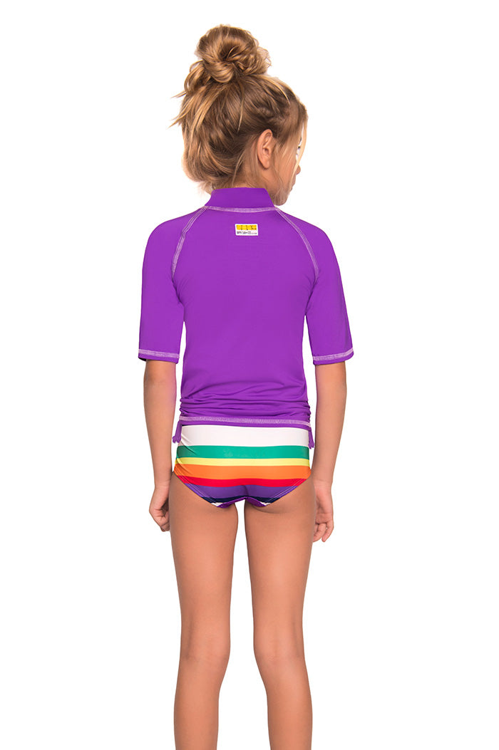 Vestido de baño dos piezas color lila con estampado de rayas para niña / Ref 815