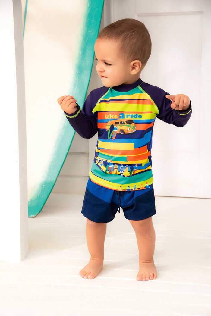 Vestido de baño dos piezas manga larga para bebé con estampado paseo de surf  / Ref 318